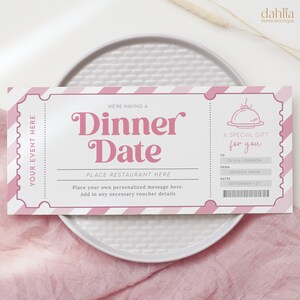 Vale de regalo para cena romántica, cupón de reserva para cena editable, boleto de tarjeta de regalo para cena, certificado imprimible para cena romántica, regalo para cualquier ocasión