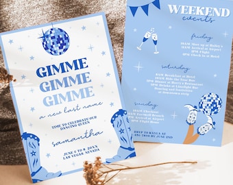Gimme A New Last Name Bachelorette Invite & Itinerary, Editable Mamma Mia Hen Do Template, Disco Dancing Queen Bach Weekend Invitation BC077