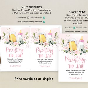 May include: Two printable cards with pink floral designs and the text "Parenting Tip Jar" with instructions to take a card and share a parenting tip. The cards are designed for a baby shower or new parent gift.
