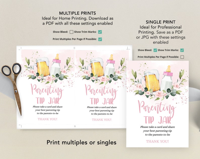 May include: Two printable cards with pink floral designs and the text "Parenting Tip Jar" with instructions to take a card and share a parenting tip. The cards are designed for a baby shower or new parent gift.