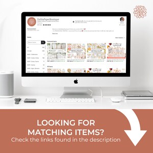 May include: A computer screen displaying a website for a paper boutique. The website features a variety of baby shower invitations and decorations, including a peach and pink themed invitation with the text "Sweet Peach Baby Shower Bundle". The website also features a section for "Featured Items" and "All Items".