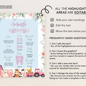 Peut inclure: Une affiche imprimable bleu clair avec une bordure florale rose. L'affiche est un tableau des &eacute;tapes de la premi&egrave;re ann&eacute;e d'un b&eacute;b&eacute; avec le nom Amanda. Le tableau comprend des informations sur le poids, la taille, les chansons pr&eacute;f&eacute;r&eacute;es, les premiers mots, les aliments pr&eacute;f&eacute;r&eacute;s et les livres pr&eacute;f&eacute;r&eacute;s du b&eacute;b&eacute;. L'affiche mesure 16 pouces par 20 pouces.