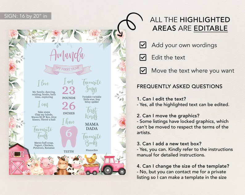 Peut inclure: Une affiche imprimable bleu clair avec une bordure florale rose. L'affiche est un tableau des &eacute;tapes de la premi&egrave;re ann&eacute;e d'un b&eacute;b&eacute; avec le nom Amanda. Le tableau comprend des informations sur le poids, la taille, les chansons pr&eacute;f&eacute;r&eacute;es, les premiers mots, les aliments pr&eacute;f&eacute;r&eacute;s et les livres pr&eacute;f&eacute;r&eacute;s du b&eacute;b&eacute;. L'affiche mesure 16 pouces par 20 pouces.