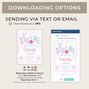 May include: A pink and blue printable invitation for a bowling-themed birthday party. The invitation features a bowling pin and ball with the text "Let's Stroke Up Some Fun Cassidy is Turning 8".