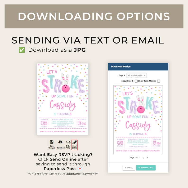 May include: A pink and blue printable invitation for a bowling-themed birthday party. The invitation features a bowling pin and ball with the text "Let's Stroke Up Some Fun Cassidy is Turning 8".