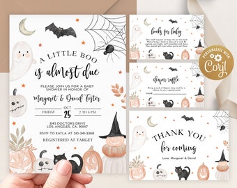 May include: Halloween-themed baby shower invitation set. The invitation features watercolor illustrations of ghosts, pumpkins, bats, and a spiderweb. The text reads "A Little Boo is Almost Due" and includes event details.