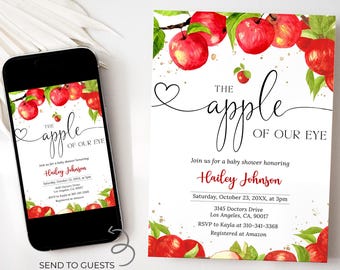 Invitación para baby shower Apple of The Eye, invitación editable para baby shower con cosecha de manzanas, plantilla de invitación para baby shower de otoño, baby shower de frutas BS263