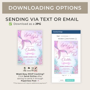 May include: A printable invitation for a mermaid-themed birthday party. The invitation features a pink and blue mermaid tail with a crown and the text "Splish Splash It's a Mermaid Bash". The invitation also includes the birthday girl's name, age, and party details.