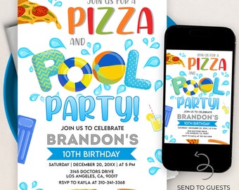Faire-part pizza piscine, invitation de fête de natation MODIFIABLE, anniversaire de garçon tropical, ballon de plage d'été, gonflable, téléchargement immédiat, KP284