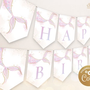 EDITABLE Mermaid Happy Birthday Banner, Under The Sea Birthday Banner, DIY Pink Boho Mermaid Party Decoration, Instant Download Corjl, KP184