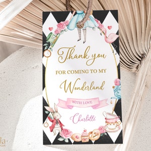 Alice in Wonderland verjaardag bedankt voor uw komst Gift Tag, BEWERKBARE grillige Mad Tea Party gunst, Onederland meisje, Instant Download KP073