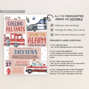 May include: A watercolor illustration of a fire truck, police car, and ambulance with the text "Calling All Units" and "Sound the Alarm Grab Your Gear" on a pink and brown background. The text "Jackson's 5th Birthday" is in blue and white. The invitation is for a birthday party from 2 to 5 PM on December 27th at 3145 Doctors Drive, Los Angeles, CA 90017. RSVP to Kayla at 310-341-3368 before November 12th.