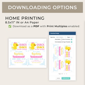 May include: A printable PDF template for a baby shower invitation. The invitation features a yellow rubber ducky with a pink bow, surrounded by blue bubbles. The text on the invitation reads "Quack Quack Splish Splash" and "Angelina's Very First Birthday".