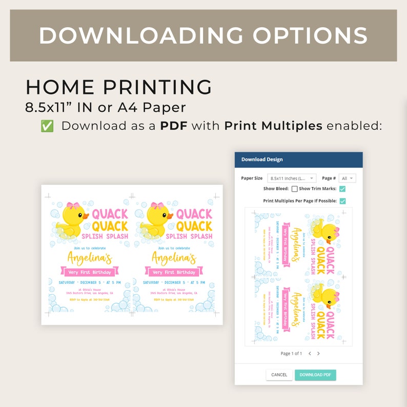 May include: A printable PDF template for a baby shower invitation. The invitation features a yellow rubber ducky with a pink bow, surrounded by blue bubbles. The text on the invitation reads "Quack Quack Splish Splash" and "Angelina's Very First Birthday".
