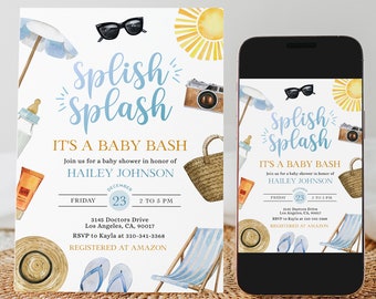 May include: A baby shower invitation with a beach theme. The invitation features a blue and white beach umbrella, sunglasses, a camera, a bottle, a beach bag, a beach chair, and flip flops. The text on the invitation reads "Splish Splash It's a Baby Bash" and includes the date, time, and location of the event. The invitation also includes the name of the guest of honor, Hailey Johnson, and the RSVP information. The invitation is designed to look like a smartphone screen.