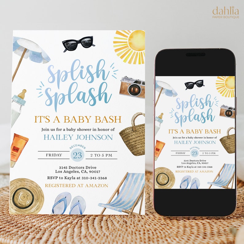 May include: A baby shower invitation with a beach theme. The invitation features a blue and white beach umbrella, sunglasses, a camera, a bottle, a beach bag, a beach chair, and flip flops. The text on the invitation reads "Splish Splash It's a Baby Bash" and includes the date, time, and location of the event. The invitation also includes the name of the guest of honor, Hailey Johnson, and the RSVP information. The invitation is designed to look like a smartphone screen.