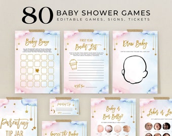 May include: A set of 80 printable baby shower games, signs, and tickets. The games are themed with clouds, stars, and gold accents. The games include "Baby Bingo", "First Year Bucket List", "Draw Baby", "Parenting Tip Jar", "Guess the Baby", "Baby or Beer Belly?", and "Labor or Love".