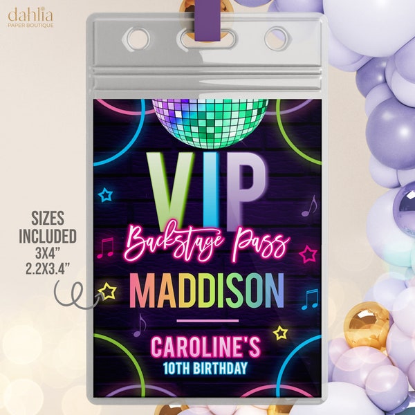 Disco Party VIP Backstage Pass Template, Editable Rainbow Glow Neon VIP Badge for Lanyards, Dance Party, Music Birthday Party Name Tag KP067