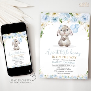 Invitación de baby shower de conejito dulce, invitación de conejo floral azul EDITABLE, baby shower de primavera para niñas, fiesta de Pascua, descarga instantánea BS235