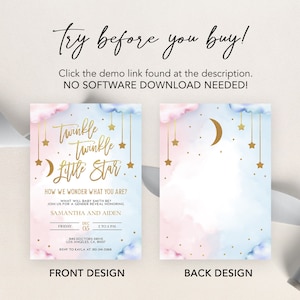 May include: A gender reveal invitation with a pink and blue watercolor background. The text reads "Twinkle Twinkle Little Star" and "How we wonder what you are?" with a crescent moon and stars. The invitation includes the names Samantha and Aiden, the date, time, and location of the event.