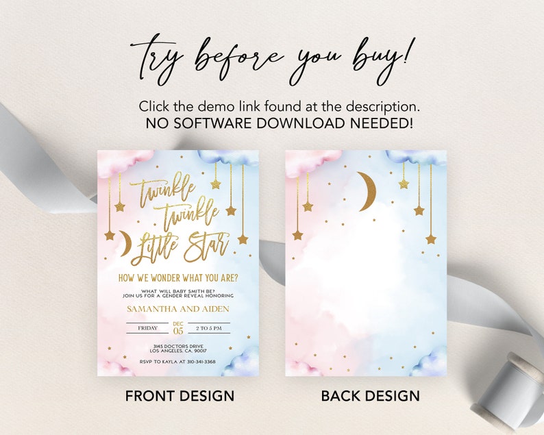 May include: A gender reveal invitation with a pink and blue watercolor background. The text reads "Twinkle Twinkle Little Star" and "How we wonder what you are?" with a crescent moon and stars. The invitation includes the names Samantha and Aiden, the date, time, and location of the event.
