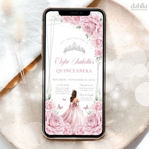 Invitación digital de Quinceañera rosa rubor y plata, invitación móvil de mariposa EDITABLE, Mis Quince Anos, plantilla de cumpleaños número 15 de niña, Q042