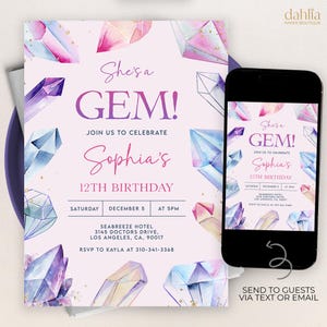 May include: A pink and purple invitation with a watercolor design of colorful gemstones. The invitation reads "She's a GEM! Join us to celebrate Sophia's 12th Birthday" and includes details for the event, including the date, time, location, and RSVP information.