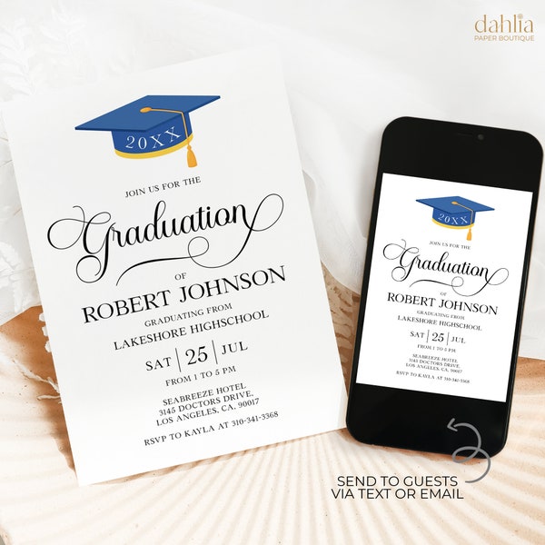 Graduation Party Invitation Template Editable, Blue Graduation Announcement Invite, Boy Graduation Party Invite Download, Grad Party, G002