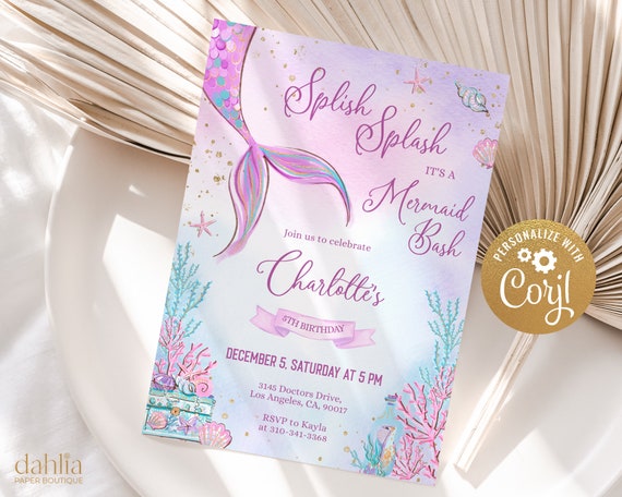 Mermaid Birthday Invitation, EDITABLE Mermaid Birthday Invitation Template, Under The Sea Magical Purple Gold Mermaid Instant Download KP030 Il_570xn