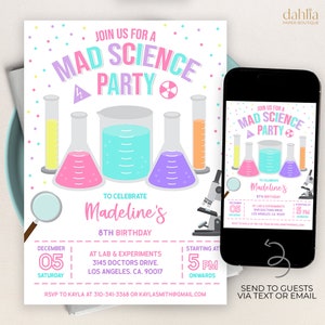May include: A pink and blue invitation for a Mad Science party to celebrate Madeline's 8th birthday. The invitation features a cartoon illustration of beakers and a microscope. The party will be held on December 5th at 5 PM at Lab & Experiments, 3145 Doctors Drive, Los Angeles, CA, 90017. RSVP to Kayla at 310-341-3368 or kaylasmith@gmail.com.