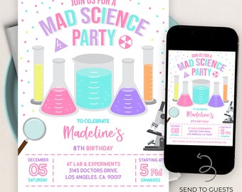 May include: A pink and blue invitation for a Mad Science party to celebrate Madeline's 8th birthday. The invitation features a cartoon illustration of beakers and a microscope. The party will be held on December 5th at 5 PM at Lab & Experiments, 3145 Doctors Drive, Los Angeles, CA, 90017. RSVP to Kayla at 310-341-3368 or kaylasmith@gmail.com.