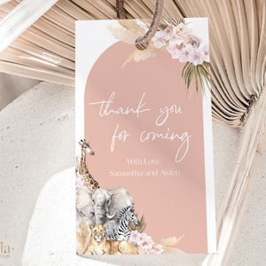 Etiqueta de regalo EDITABLE Boho Safari Baby Shower, Jungle Animal Baby Sprinkle Party Favor, Tarjeta de nota de agradecimiento rosa rubor, Descarga instantánea BS118
