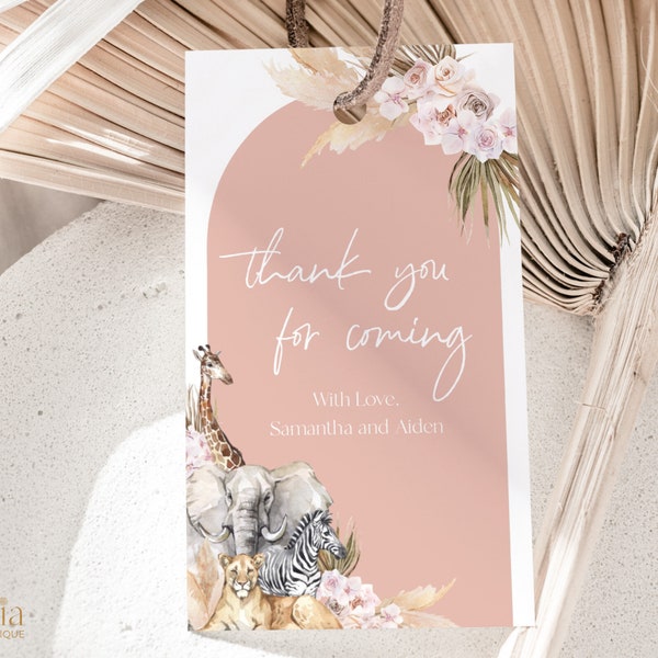 EDITABLE Boho Safari Baby Shower Gift Tag, Jungle Animal Baby Sprinkle Party Favor, Blush Pink Thank You Note Card, Instant Download BS118