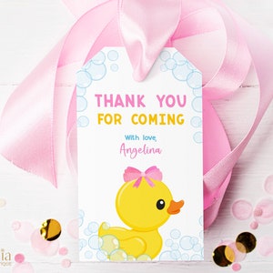 Etykieta na prezent Rubber Duckie Thank You For Coming, edytowalna etykieta na upominek z kaczką, etykieta na pierwsze urodziny dziewczynki, naklejka Pink Bubble Bath Time, KP094