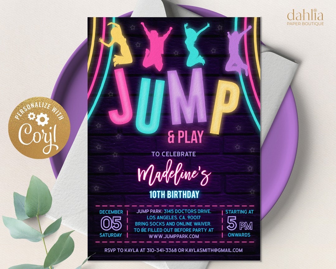 Neon Jump Invitation, Editable Jump Birthday Invite, Trampoline Glow ...