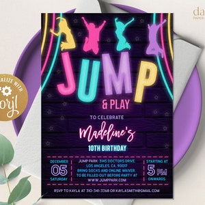 May include: Neon pink, blue, and yellow "JUMP & PLAY" birthday party invitation with a black background and stars. The invitation is for Madeline's 10th birthday party at Jump Park on December 5th at 5 PM. RSVP to Kayla at 310-341-3368 or kaylasmith@gmail.com.