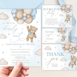 Ensemble d'invitations baby shower ours en peluche, saupoudrer de nuages ballon bleu ciel MODIFIABLE, lot fête de bébé garçon, carte We Can Bearly Wait, BS194