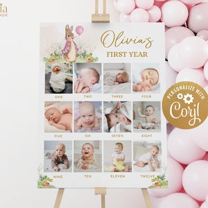 Signo de cumpleaños de Peter Rabbit Milestone, plantilla de póster de primer año de bebé imprimible, primer cumpleaños de niña rosa, collage de fotos de tablero de hitos KP095