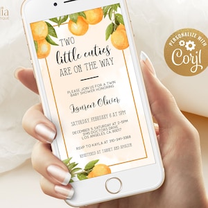 Zwei Littles Cuties sind unterwegs Baby-Dusche Digital Invite, Clementine Baby-Dusche Evite, Clementine Twin Baby-Dusche Evite, Corjl BS003