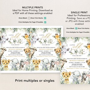 Pu&ograve; includere: Un invito per una festa di baby shower stampabile con tema giungla. L'invito presenta un'illustrazione ad acquerello di una giraffa, una zebra, un leone, un elefante e una scimmia. Il testo sull'invito recita "A Little Wild One is on the Way".