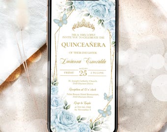 May include: A digital invitation for a Quinceañera, featuring a blue and gold design with floral accents. The invitation includes the name "Lawianna Esmeralda", the date "August 25", and the time "2 to 5 PM".