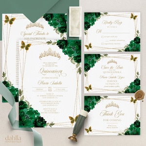 Quinceañera Invitation Suite, Emerald Green Gold Save the Date RSVP, EDITABLE 15th Birthday Template, Mis Quince Anos, Instant Download Q012