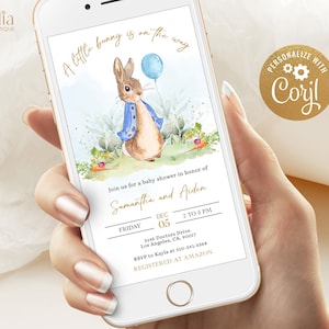 Peter Rabbit Baby Shower Evite, Invito acquerello flopsy Bunny EDITABILE, Rustico, Ragazzo con palloncino blu, Giardino primaverile, Download istantaneo BS133