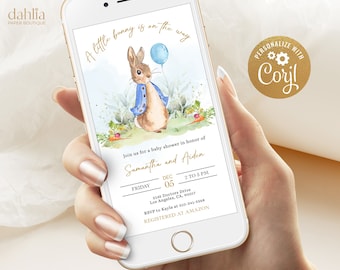 Peter Rabbit Baby Shower Evite, EDITABLE Flopsy Bunny Watercolor Invitation, Rustic, Blue Balloon Boy, Spring Garden, Instant Download BS133
