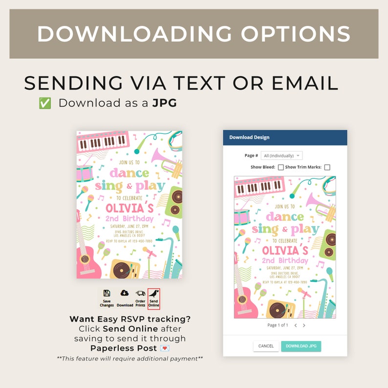 May include: A printable invitation for a child's 2nd birthday party. The invitation features a colourful design with musical instruments, including a guitar, keyboard, microphone, and drums. The text on the invitation reads "Join us to dance sing & play to celebrate Olivia's 2nd Birthday".