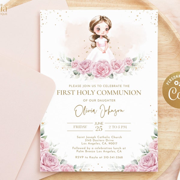 EDITABLE First Holy Communion Invitation, Blush Pink Floral Religious Digital Invite, Printable Brown Hair Girl Card, Instant Download C001