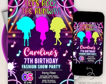 Könnte beinhalten: Neon-rosa und violette Geburtstagseinladung mit einer Grafik von drei Mädchen in Silhouette. Die Einladung lautet "Let's Rock the Runway!" und "Caroline's 7th Birthday Fashion Show Party". Das Datum ist der 5. März um 14:00 Uhr. Der Veranstaltungsort ist 3145 Doctors Drive, Los Angeles, CA 90017. RSVP an Kayla unter 310-341-3368. Die Einladung enthält auch ein kleineres Bild eines Smartphones mit dem gleichen Design und Text.