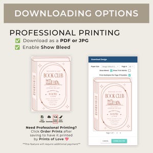 May include: A digital design for a book club invitation, featuring a book illustration with text. The design includes options for PDF or JPG downloads and professional printing services. The text includes "Welcome to our Book Club" and "Literary Escape".
