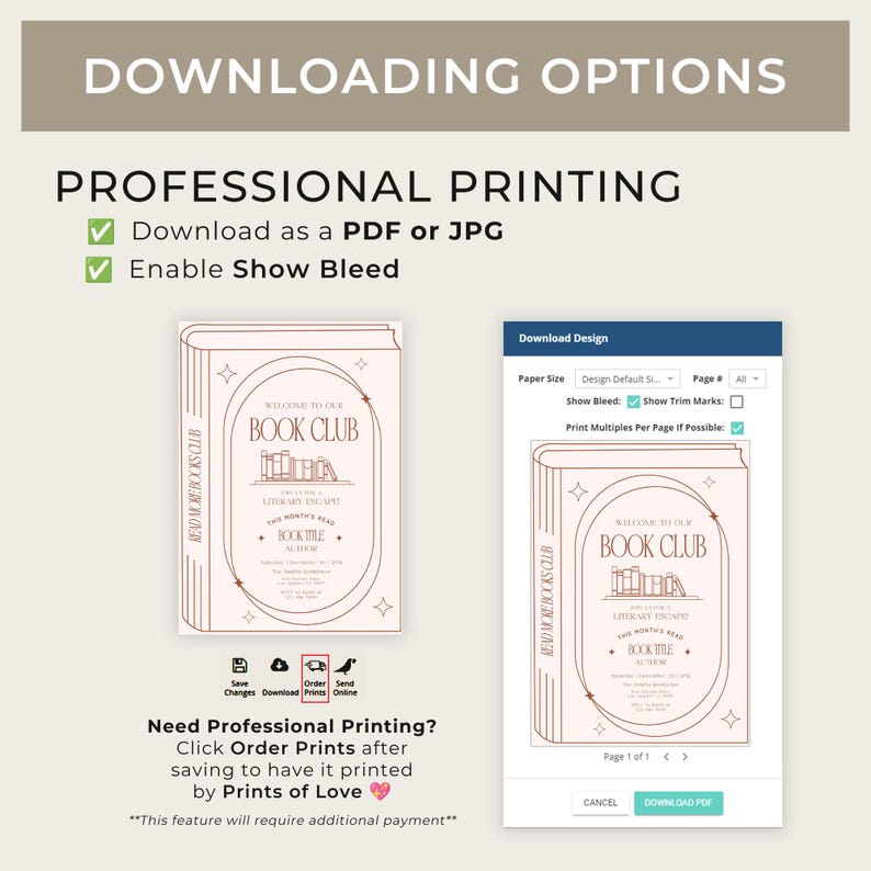 May include: A digital design for a book club invitation, featuring a book illustration with text. The design includes options for PDF or JPG downloads and professional printing services. The text includes "Welcome to our Book Club" and "Literary Escape".