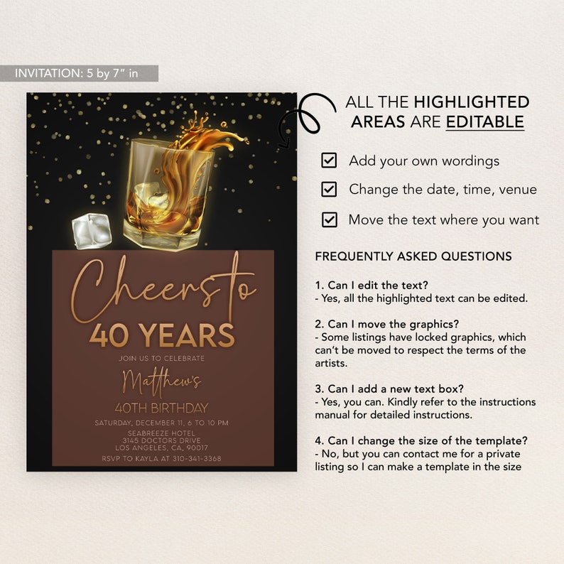 Whiskey Birthday Invitation, Editable Adult Men Birthday Invite, 30th 40th 50th Any Age, Cognac Scotch Liquor, Printable Download, AP009 image 3